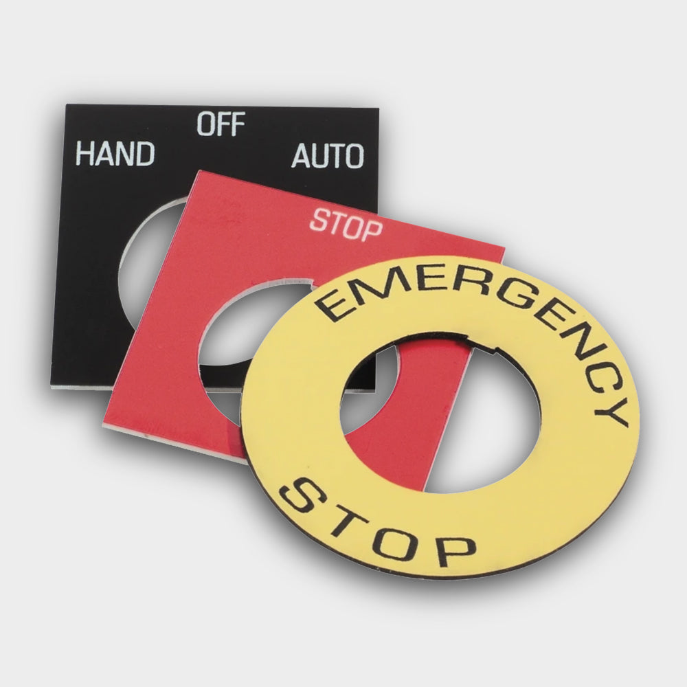 Legend: Left ( “AUTO†) Center ( “OFF†) and Right ( “HAND†), 2″ X 2″ Square, Black with White Lettering